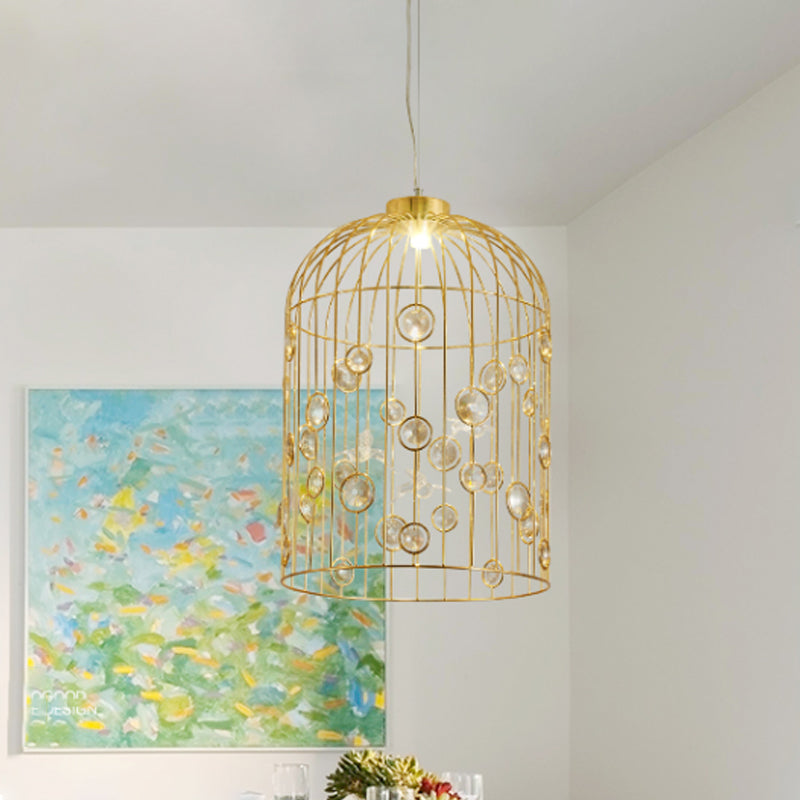 Metal Bird Cage Pendant Light Crystal Bead Deco Pendant Chandelier for Dining Room Gold Clearhalo 'Ceiling Lights' 'Modern Pendants' 'Modern' 'Pendant Lights' 'Pendants' Lighting' 1927063