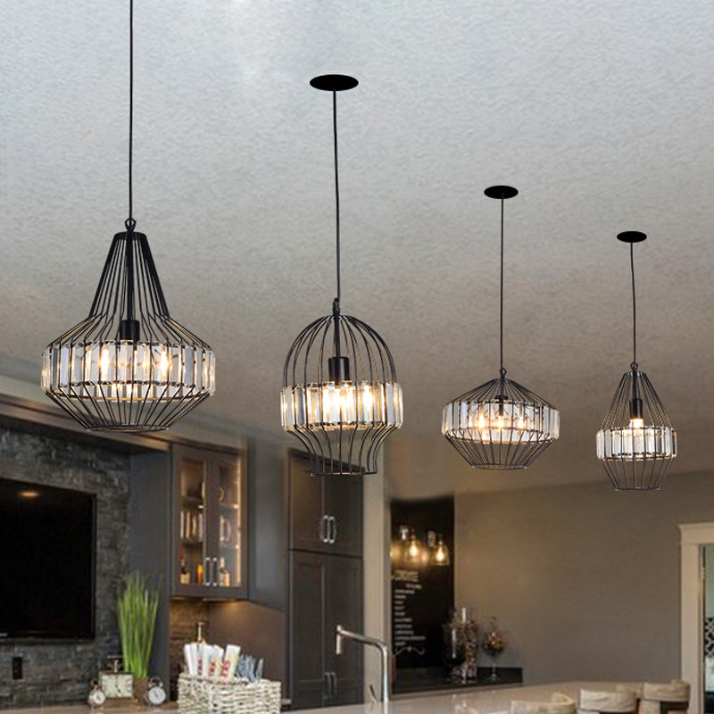 Crystal Block Pendant Ceiling Light Black Geometric Metal Cage Pendant Light Clearhalo 'Art Deco Pendants' 'Cast Iron' 'Ceiling Lights' 'Ceramic' 'Crystal' 'Industrial Pendants' 'Industrial' 'Metal' 'Middle Century Pendants' 'Pendant Lights' 'Pendants' 'Tiffany' Lighting' 1927068