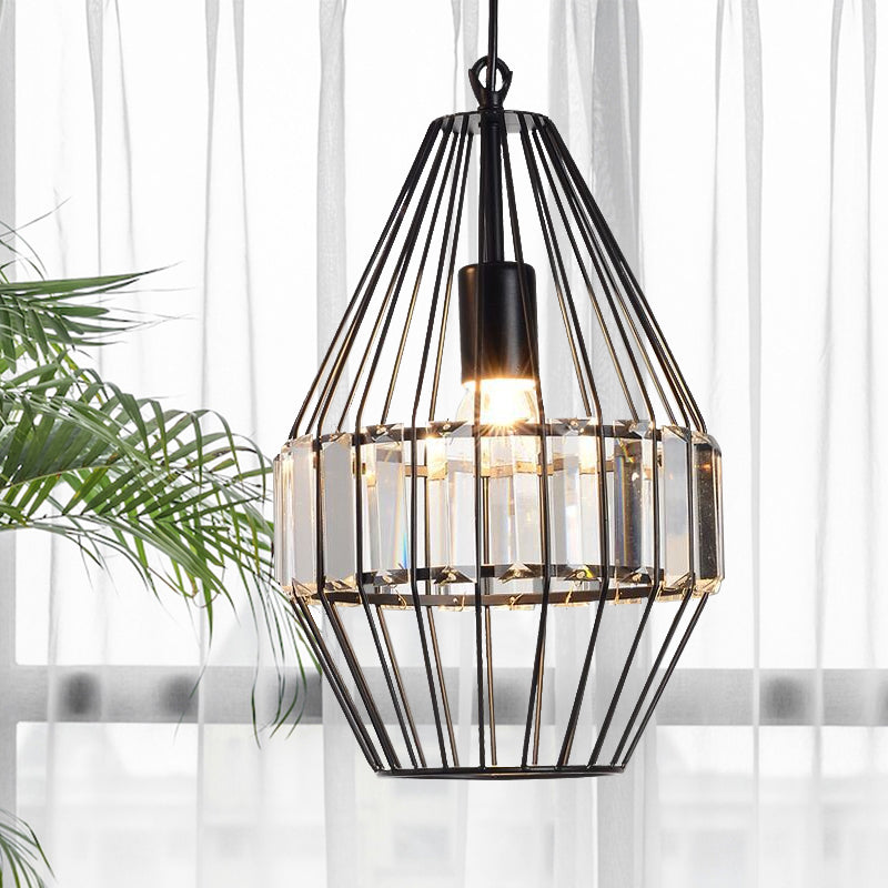 Crystal Block Pendant Ceiling Light Black Geometric Metal Cage Pendant Light Clearhalo 'Art Deco Pendants' 'Cast Iron' 'Ceiling Lights' 'Ceramic' 'Crystal' 'Industrial Pendants' 'Industrial' 'Metal' 'Middle Century Pendants' 'Pendant Lights' 'Pendants' 'Tiffany' Lighting' 1927073