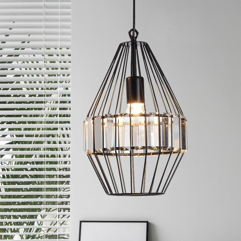 Crystal Block Pendant Ceiling Light Black Geometric Metal Cage Pendant Light Clearhalo 'Art Deco Pendants' 'Cast Iron' 'Ceiling Lights' 'Ceramic' 'Crystal' 'Industrial Pendants' 'Industrial' 'Metal' 'Middle Century Pendants' 'Pendant Lights' 'Pendants' 'Tiffany' Lighting' 1927074