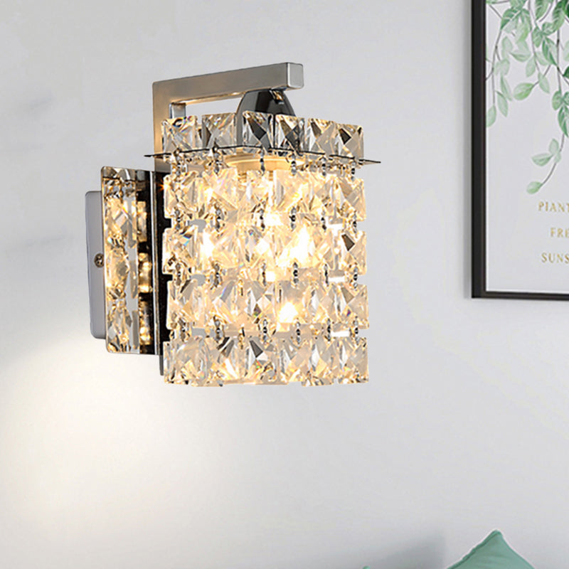 Rectangle Wall Light Crystal Block Wall Sconce in Chrome with Crystal Rods Draping Chrome 8" Clearhalo 'Modern wall lights' 'Modern' 'Wall Lamps & Sconces' 'Wall Lights' Lighting' 1927108