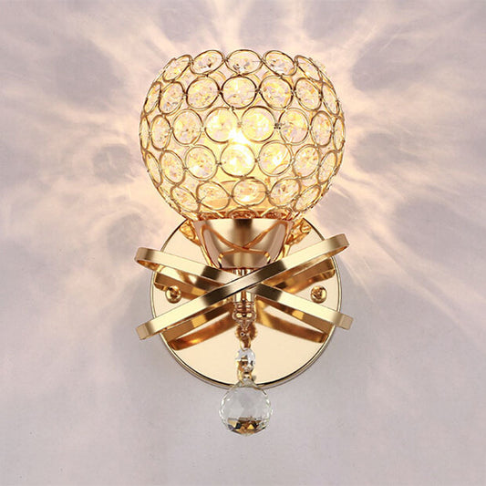 Cross Arm Globe Cutout Metal Shade Wall Light Crystal Wall Sconce in Gold with Dropped Crystal Ball Final Clearhalo 'Modern wall lights' 'Modern' 'Wall Lamps & Sconces' 'Wall Lights' Lighting' 1927113
