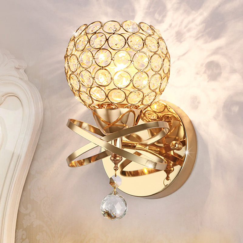 Cross Arm Globe Cutout Metal Shade Wall Light Crystal Wall Sconce in Gold with Dropped Crystal Ball Final Gold Clearhalo 'Modern wall lights' 'Modern' 'Wall Lamps & Sconces' 'Wall Lights' Lighting' 1927114
