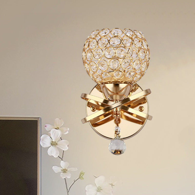 Cross Arm Globe Cutout Metal Shade Wall Light Crystal Wall Sconce in Gold with Dropped Crystal Ball Final Clearhalo 'Modern wall lights' 'Modern' 'Wall Lamps & Sconces' 'Wall Lights' Lighting' 1927115