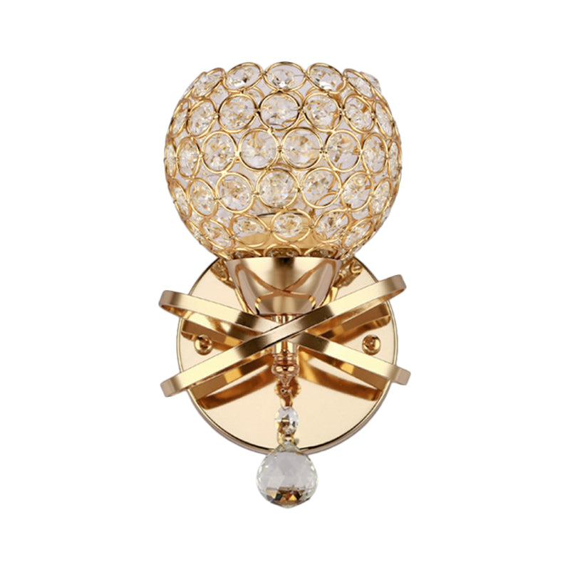 Cross Arm Globe Cutout Metal Shade Wall Light Crystal Wall Sconce in Gold with Dropped Crystal Ball Final Clearhalo 'Modern wall lights' 'Modern' 'Wall Lamps & Sconces' 'Wall Lights' Lighting' 1927116