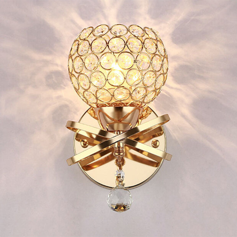 Cross Arm Globe Cutout Metal Shade Wall Light Crystal Wall Sconce in Gold with Dropped Crystal Ball Final Clearhalo 'Modern wall lights' 'Modern' 'Wall Lamps & Sconces' 'Wall Lights' Lighting' 1927117