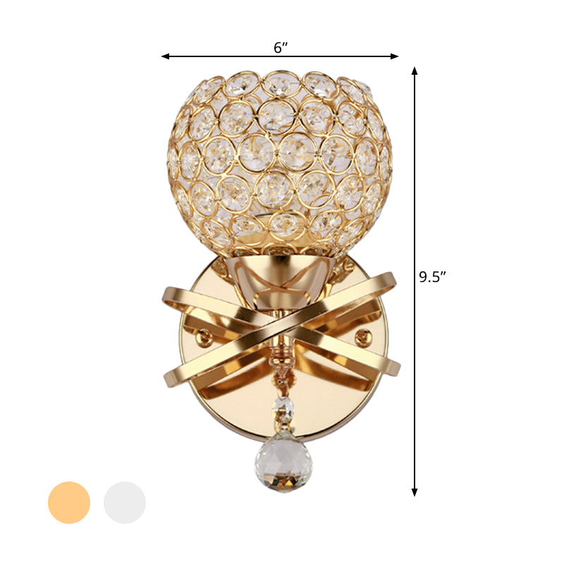 Cross Arm Globe Cutout Metal Shade Wall Light Crystal Wall Sconce in Gold with Dropped Crystal Ball Final Clearhalo 'Modern wall lights' 'Modern' 'Wall Lamps & Sconces' 'Wall Lights' Lighting' 1927118