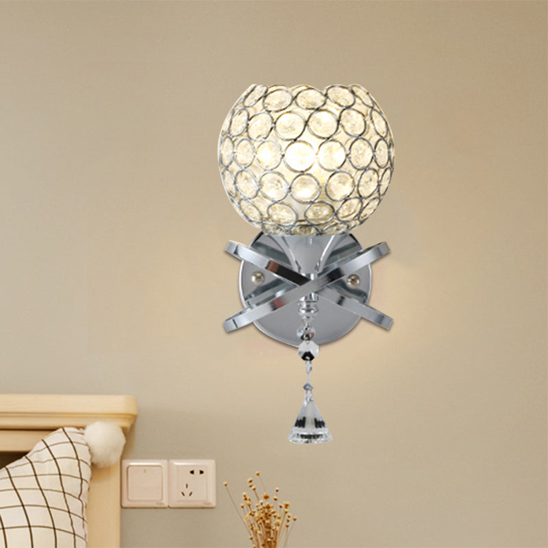 Cross Arm Globe Cutout Metal Shade Wall Light Crystal Wall Sconce in Gold with Dropped Crystal Ball Final Clearhalo 'Modern wall lights' 'Modern' 'Wall Lamps & Sconces' 'Wall Lights' Lighting' 1927120