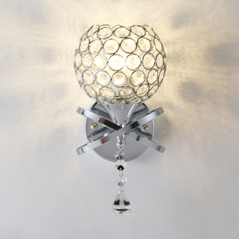 Cross Arm Globe Cutout Metal Shade Wall Light Crystal Wall Sconce in Gold with Dropped Crystal Ball Final Clearhalo 'Modern wall lights' 'Modern' 'Wall Lamps & Sconces' 'Wall Lights' Lighting' 1927122