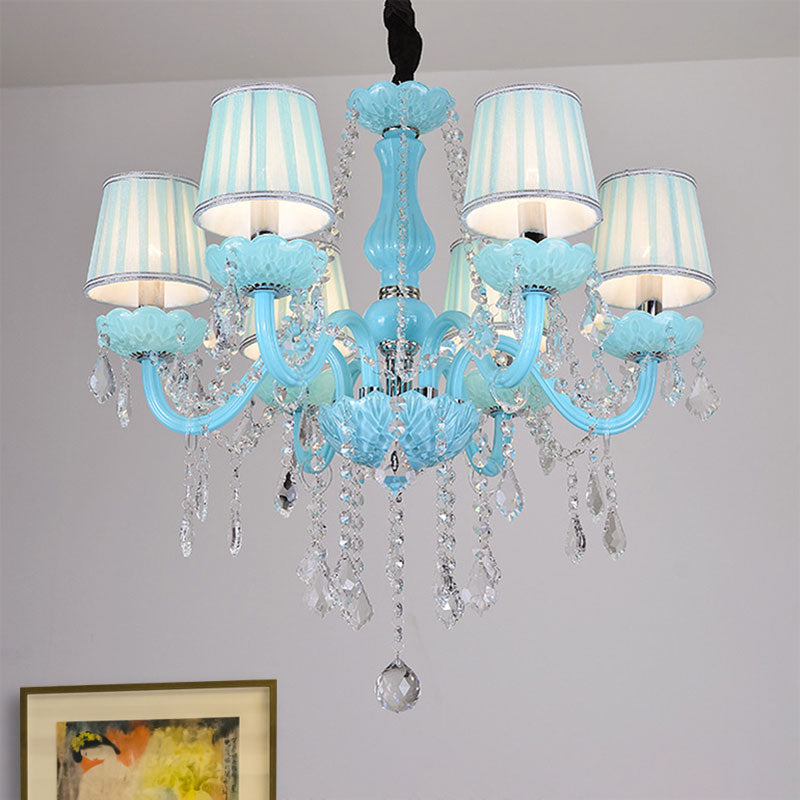 Blue Candle-Style Curved Arm Chandelier Clear Crystal Strands Ceiling Light Clearhalo 'Ceiling Lights' 'Chandeliers' Lighting' options 1927144