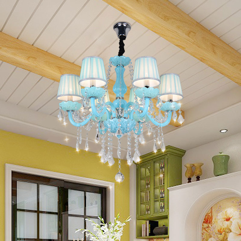 Blue Candle-Style Curved Arm Chandelier Clear Crystal Strands Ceiling Light Clearhalo 'Ceiling Lights' 'Chandeliers' Lighting' options 1927145