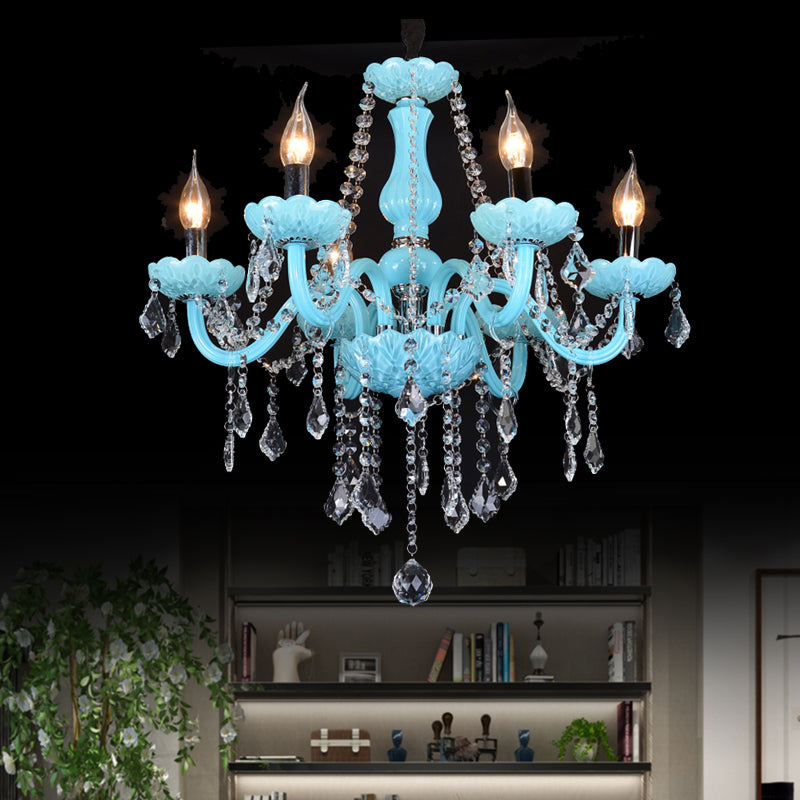 Blue Candle-Style Curved Arm Chandelier Clear Crystal Strands Ceiling Light Clearhalo 'Ceiling Lights' 'Chandeliers' Lighting' options 1927148