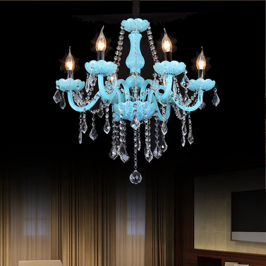 Blue Candle-Style Curved Arm Chandelier Clear Crystal Strands Ceiling Light Clearhalo 'Ceiling Lights' 'Chandeliers' Lighting' options 1927149