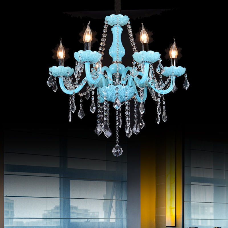 Blue Candle-Style Curved Arm Chandelier Clear Crystal Strands Ceiling Light Clearhalo 'Ceiling Lights' 'Chandeliers' Lighting' options 1927150