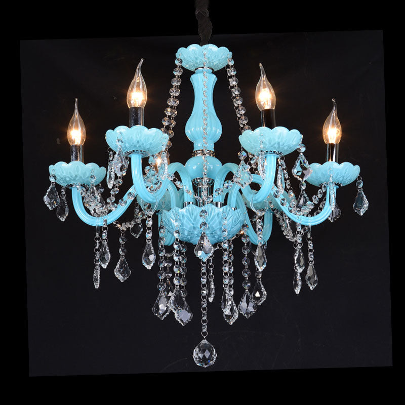 Blue Candle-Style Curved Arm Chandelier Clear Crystal Strands Ceiling Light Clearhalo 'Ceiling Lights' 'Chandeliers' Lighting' options 1927151