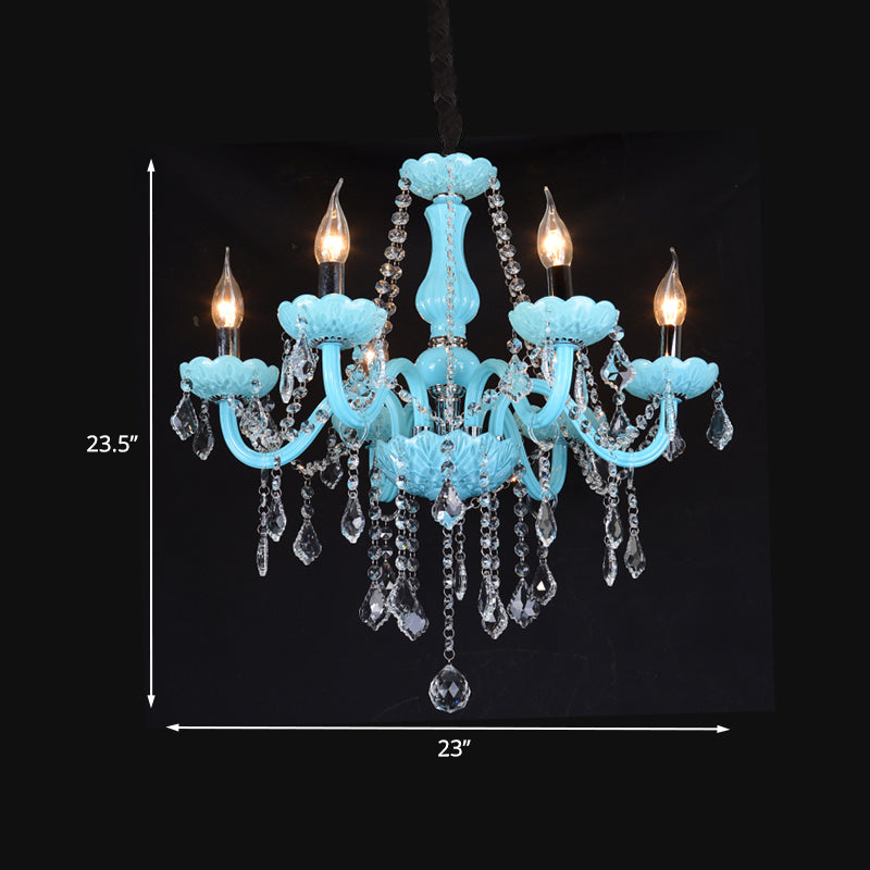 Blue Candle-Style Curved Arm Chandelier Clear Crystal Strands Ceiling Light Clearhalo 'Ceiling Lights' 'Chandeliers' Lighting' options 1927152