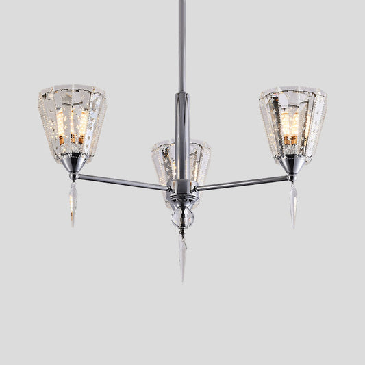 Cone Clear Crystal Shade Chandelier Metal Straight Arm Chandelier in Chrome 3 Chrome Clearhalo 'Ceiling Lights' 'Chandeliers' 'Modern Chandeliers' 'Modern' Lighting' 1927180