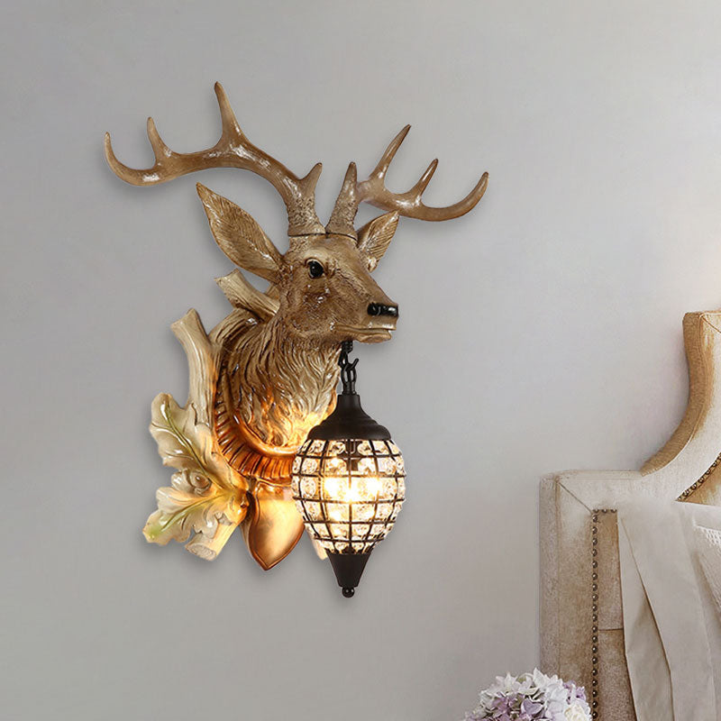 Traditional Metal Deer Wall Sconce Crystal Mesh Cone Shade Wall Light Brown Clearhalo 'Wall Lamps & Sconces' 'Wall Lights' Lighting' 1927256