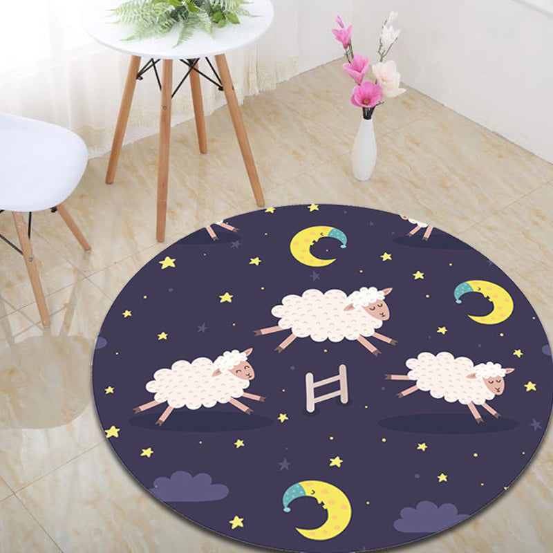 Cartoon Childrens Room Rug Dark Color Animal Land Carpet Polyester Pet Friendly Anti-Slip Rug Navy 4'7" x 4'7" Clearhalo 'Area Rug' 'Rug' 1927655