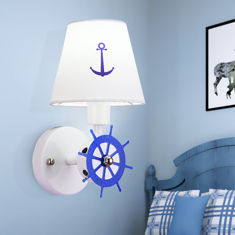 1 Bulb Tapered Shade Wall Light Nautical Fabric Sconce Light in White for Study Room White Clearhalo 'Wall Lamps & Sconces' 'Wall Lights' Lighting' 192835