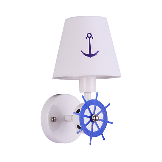 1 Bulb Tapered Shade Wall Light Nautical Fabric Sconce Light in White for Study Room Clearhalo 'Wall Lamps & Sconces' 'Wall Lights' Lighting' 192838