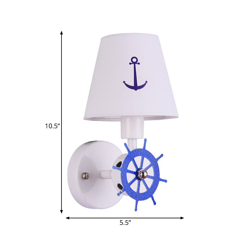 1 Bulb Tapered Shade Wall Light Nautical Fabric Sconce Light in White for Study Room Clearhalo 'Wall Lamps & Sconces' 'Wall Lights' Lighting' 192839