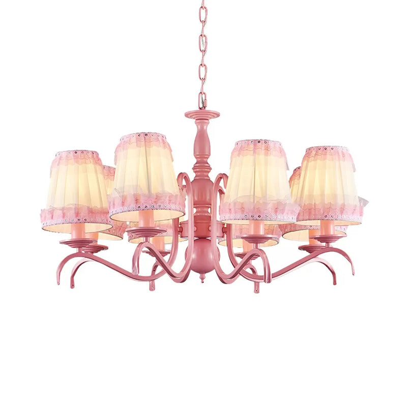Kids Fold Tapered Shade Chandelier Metal Eight Lights Pink Pendant Light with Lace for Villa Clearhalo 'Ceiling Lights' 'Chandeliers' Lighting' options 192857
