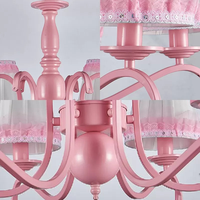 Kids Fold Tapered Shade Chandelier Metal Eight Lights Pink Pendant Light with Lace for Villa Clearhalo 'Ceiling Lights' 'Chandeliers' Lighting' options 192859