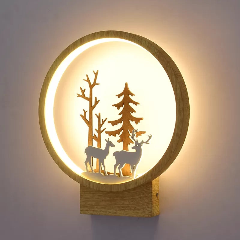 Acrylic Ring Wall Sconce with Forest Deer Child Bedroom Contemporary Wall Light Wood Warm Clearhalo 'Wall Lamps & Sconces' 'Wall Lights' Lighting' 192860