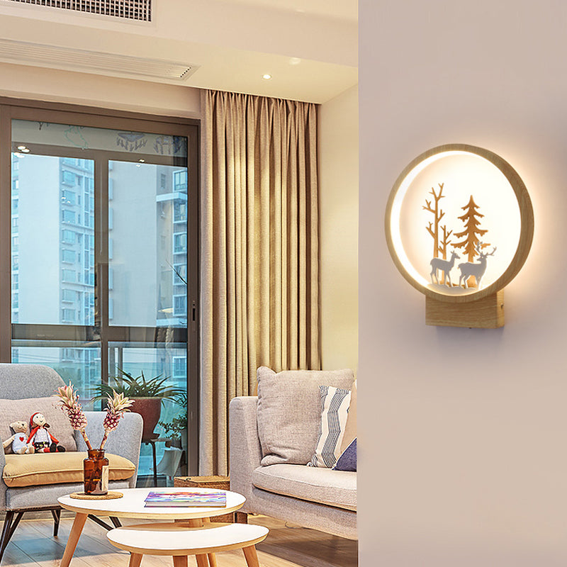 Acrylic Ring Wall Sconce with Forest Deer Child Bedroom Contemporary Wall Light Wood White Clearhalo 'Wall Lamps & Sconces' 'Wall Lights' Lighting' 192861