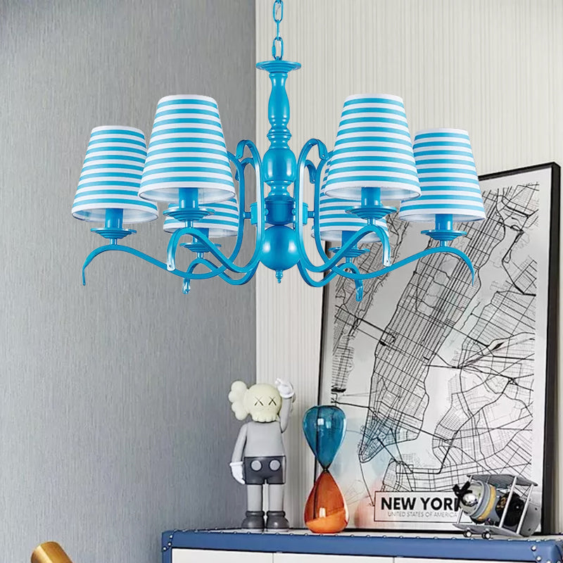 Six Lights Bucket Shade Chandelier Nautical Fabric Pendant Lamp in Blue for Living Room Clearhalo 'Ceiling Lights' 'Chandeliers' Lighting' options 192882