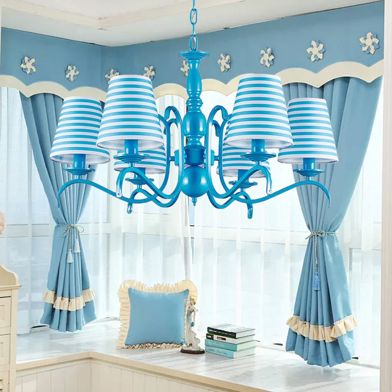 Six Lights Bucket Shade Chandelier Nautical Fabric Pendant Lamp in Blue for Living Room Clearhalo 'Ceiling Lights' 'Chandeliers' Lighting' options 192883