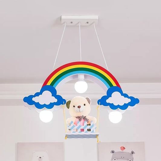 Wood Rainbow Chandelier 3 Lights Kids Multi-Color Pendant Light with Toy Bear for Child Bedroom Clearhalo 'Ceiling Lights' 'Pendant Lights' 'Pendants' Lighting' 192923