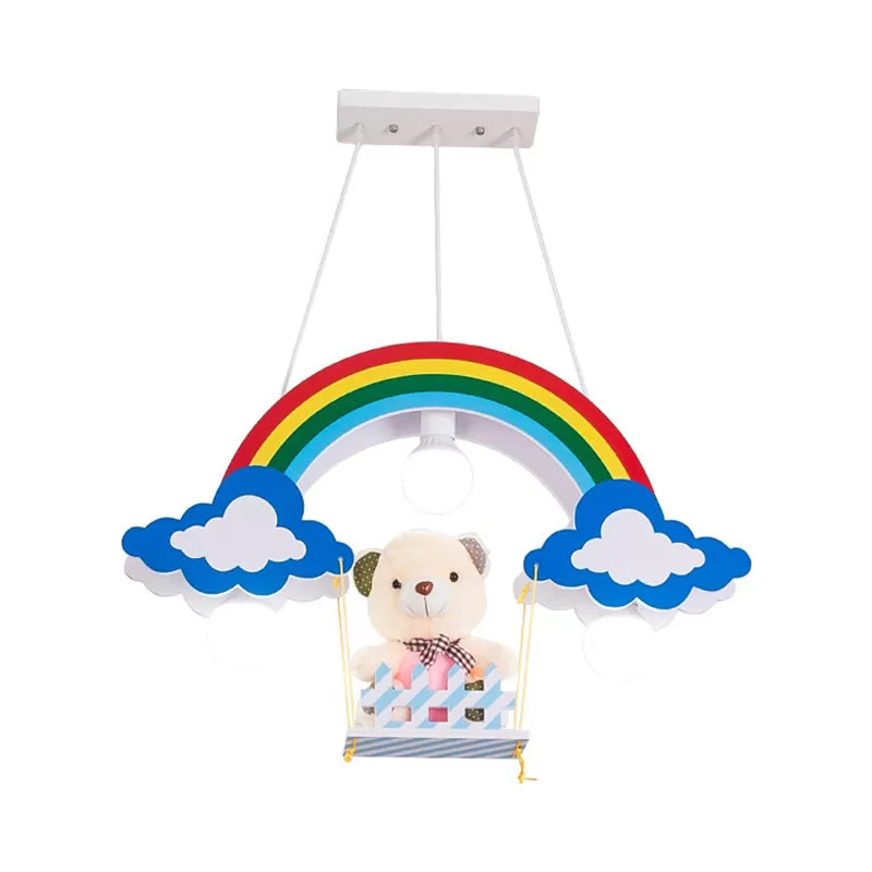 Wood Rainbow Chandelier 3 Lights Kids Multi-Color Pendant Light with Toy Bear for Child Bedroom Clearhalo 'Ceiling Lights' 'Pendant Lights' 'Pendants' Lighting' 192925