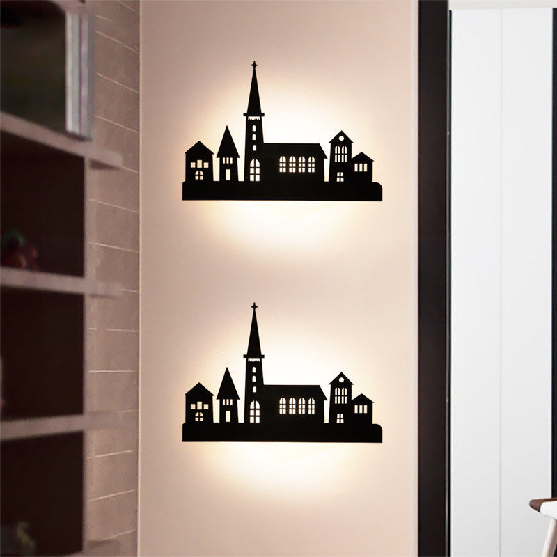 Creative Castle Shape Sconce Light Wood Dark Coffee LED Wall Sconce for Stair Bedside Coffee Clearhalo 'Wall Lamps & Sconces' 'Wall Lights' Lighting' 192927