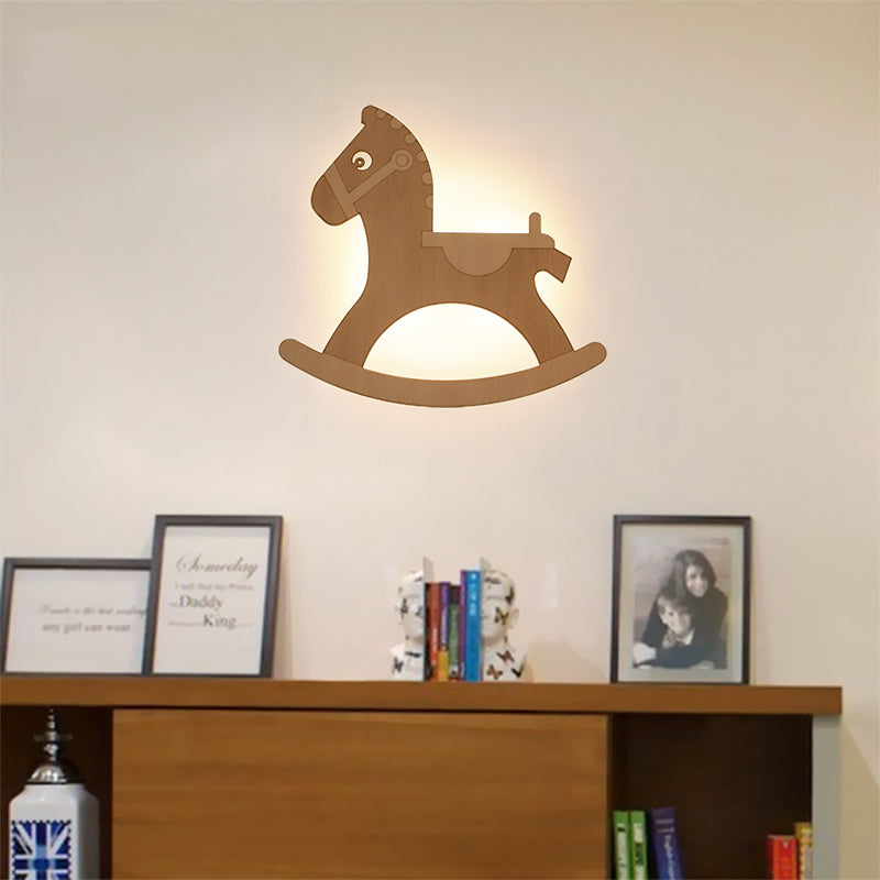 Rocking Horse Living Room Sconce Light Wooden Kids Creative LED Wall Lamp in Beige Wood Clearhalo 'Wall Lamps & Sconces' 'Wall Lights' Lighting' 192952