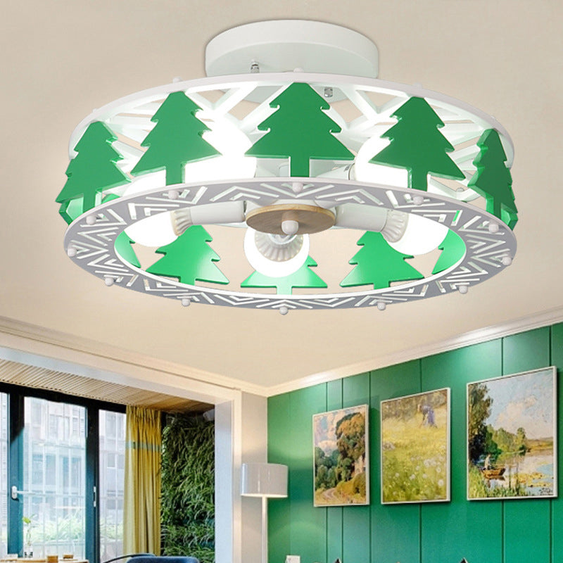 Green Pine Tree Semi Ceiling Mount Light 5 Heads Cartoon Metal Ceiling Lamp for Hotel Clearhalo 'Ceiling Lights' 'Close To Ceiling Lights' 'Close to ceiling' 'Semi-flushmount' Lighting' 193119