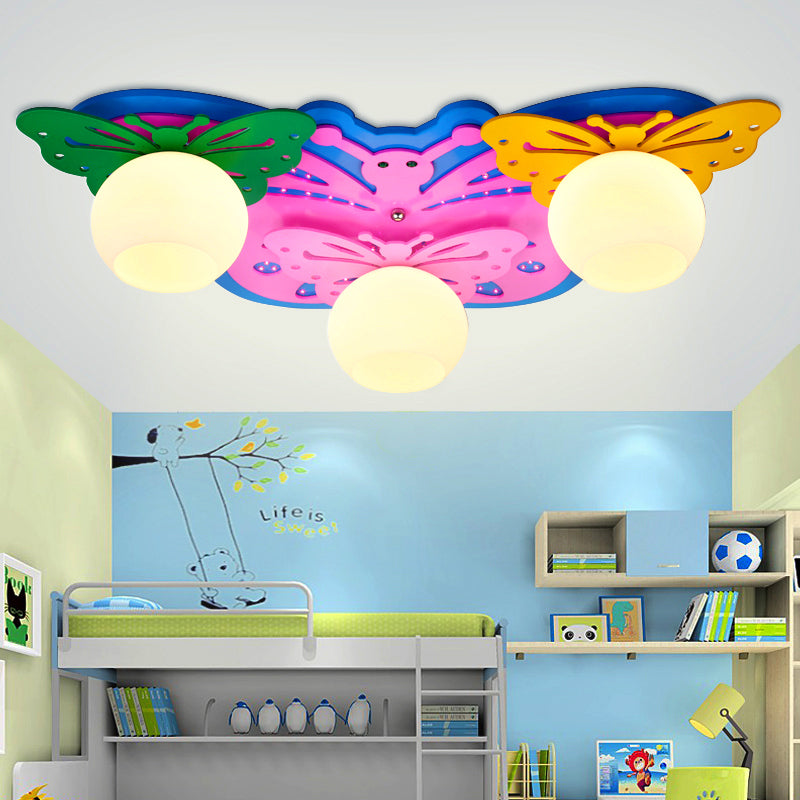 Lovely Butterfly Flush Ceiling Light Metal 3 Lights Pink Ceiling Fixture for Girls Bedroom Pink Clearhalo 'Ceiling Lights' 'Close To Ceiling Lights' 'Close to ceiling' 'Flush mount' Lighting' 193131