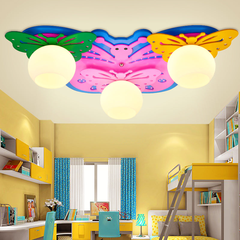 Lovely Butterfly Flush Ceiling Light Metal 3 Lights Pink Ceiling Fixture for Girls Bedroom Clearhalo 'Ceiling Lights' 'Close To Ceiling Lights' 'Close to ceiling' 'Flush mount' Lighting' 193133