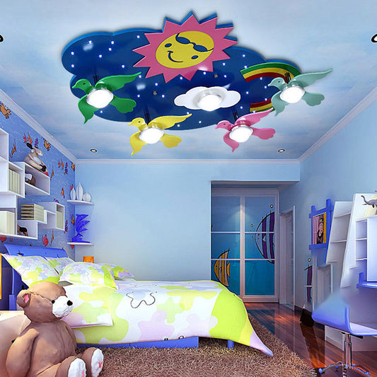 Cute Sky Flush Ceiling Light with Sun & Bird Wood Ceiling Lamp in Blue for Baby Room Blue Clearhalo 'Ceiling Lights' 'Close To Ceiling Lights' 'Close to ceiling' 'Flush mount' Lighting' 193138