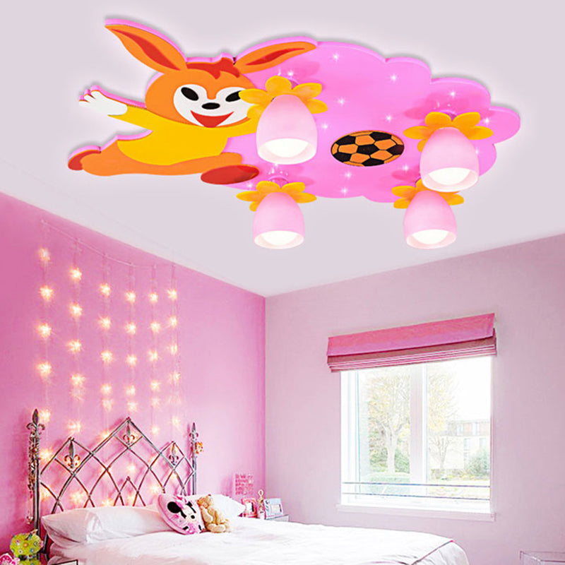 Wood Running Bunny Flush Mount Light 4 Heads Kids Ceiling Light for Child Bedroom Pink Clearhalo 'Ceiling Lights' 'Close To Ceiling Lights' 'Close to ceiling' 'Flush mount' Lighting' 193153