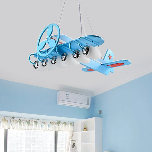 Modern Cool Propeller Airplane Chandelier 6 Lights Wood Suspension Light in Blue for Boys Bedroom Clearhalo 'Ceiling Lights' 'Chandeliers' Lighting' options 193193