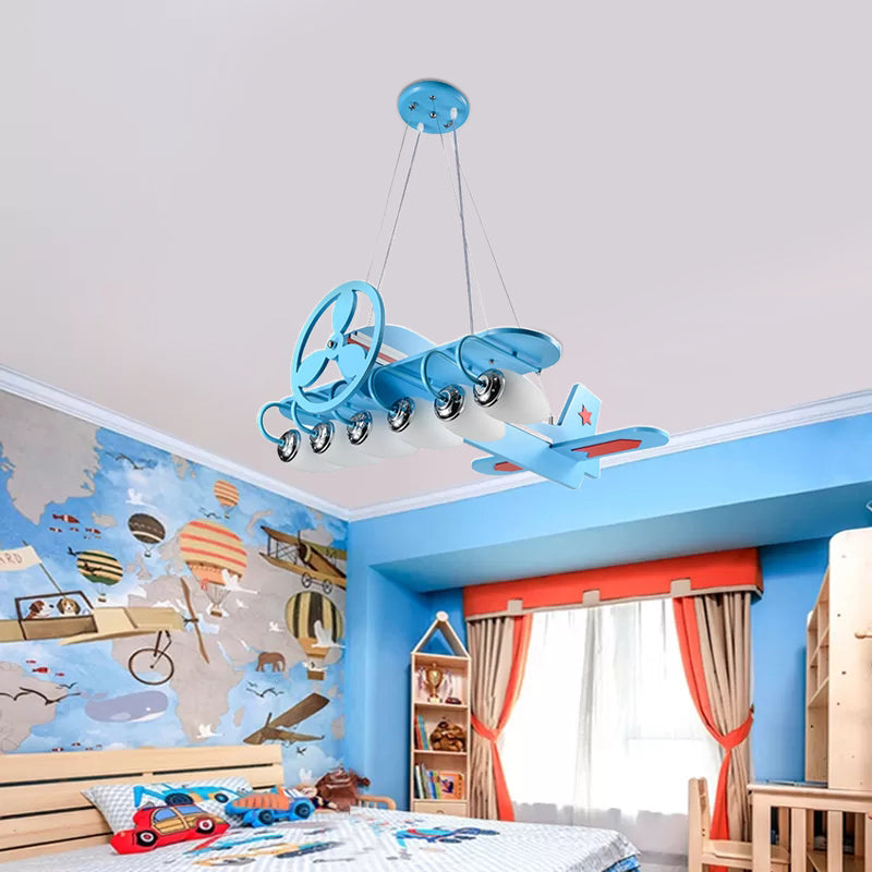 Modern Cool Propeller Airplane Chandelier 6 Lights Wood Suspension Light in Blue for Boys Bedroom Clearhalo 'Ceiling Lights' 'Chandeliers' Lighting' options 193194