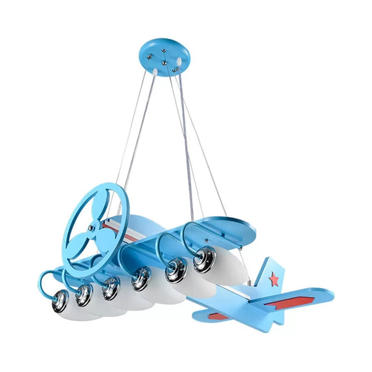 Modern Cool Propeller Airplane Chandelier 6 Lights Wood Suspension Light in Blue for Boys Bedroom Clearhalo 'Ceiling Lights' 'Chandeliers' Lighting' options 193195