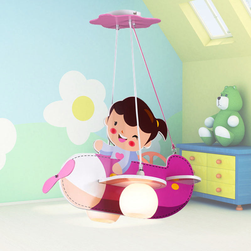 Pink Airplane Hanging Light with Little Girl 2 Lights Cartoon Wood Chandelier for Kids Bedroom Clearhalo 'Ceiling Lights' 'Chandeliers' Lighting' options 193197