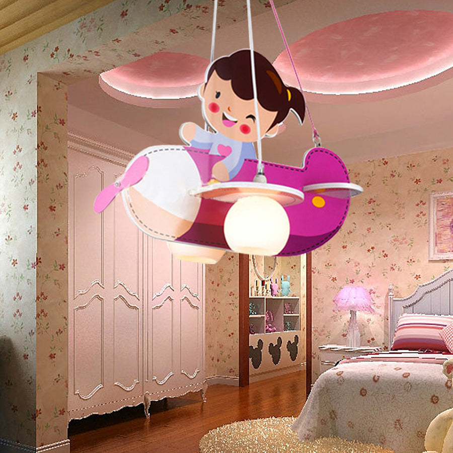 Pink Airplane Hanging Light with Little Girl 2 Lights Cartoon Wood Chandelier for Kids Bedroom Clearhalo 'Ceiling Lights' 'Chandeliers' Lighting' options 193198