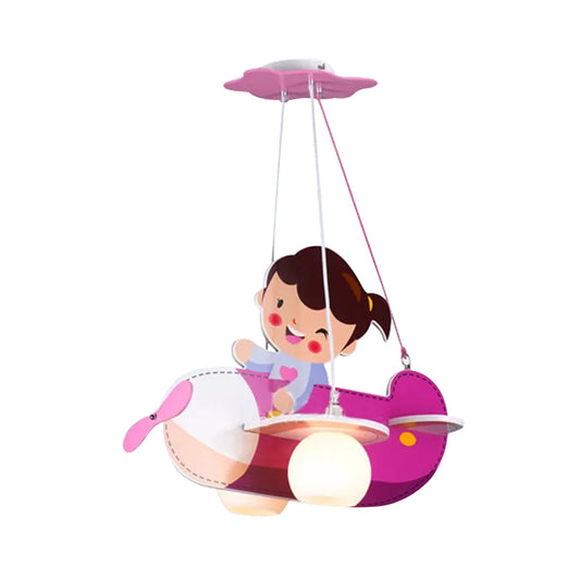 Pink Airplane Hanging Light with Little Girl 2 Lights Cartoon Wood Chandelier for Kids Bedroom Clearhalo 'Ceiling Lights' 'Chandeliers' Lighting' options 193199