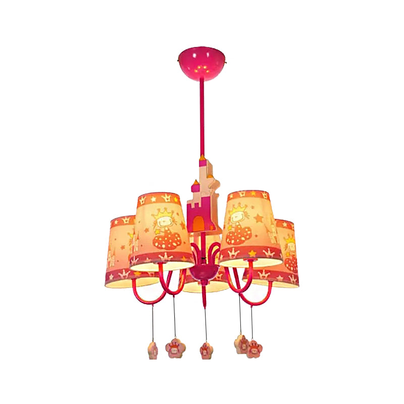 5 Lights Castle Chandelier with Princess Kids Metal Hanging Light in Pink for Girls Bedroom Clearhalo 'Ceiling Lights' 'Chandeliers' Lighting' options 193209
