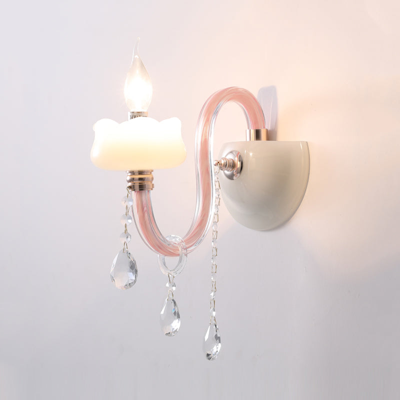 Pink Candle Sconce Light with Clear Crystal Traditional Style Metal Wall Lamp for Bathroom Clearhalo 'Wall Lamps & Sconces' 'Wall Lights' Lighting' 193269