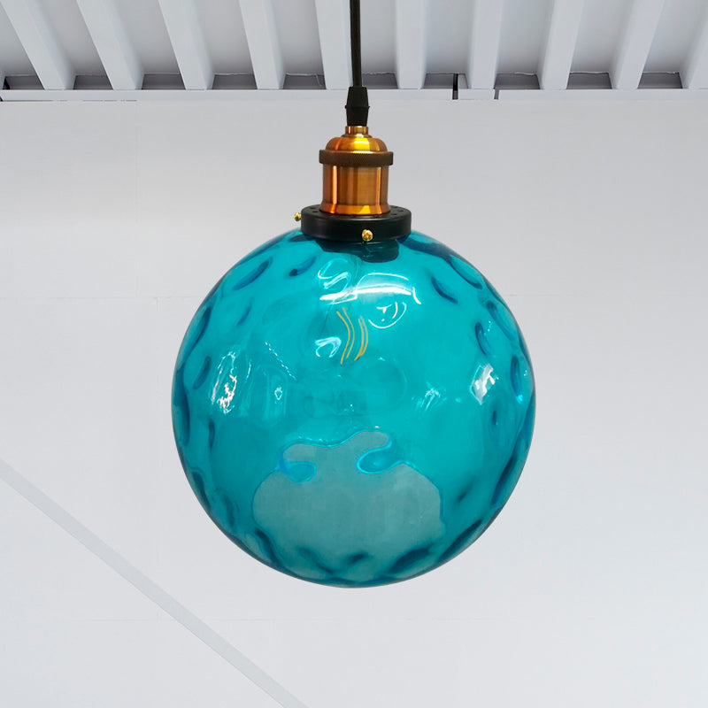 Globe Pendant Light Industrial 1 Light 8"/10"/12" Wide Dimpled Glass Hanging Lamp in Blue Blue Clearhalo 'Ceiling Lights' 'Industrial Pendants' 'Industrial' 'Middle Century Pendants' 'Pendant Lights' 'Pendants' 'Tiffany' Lighting' 1932806